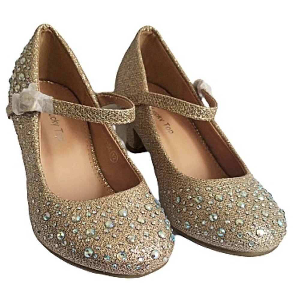 Lucky Top Kid Girls Sparkling Mary Jane Rhinestone Champagne Glitter Dress Shoes
